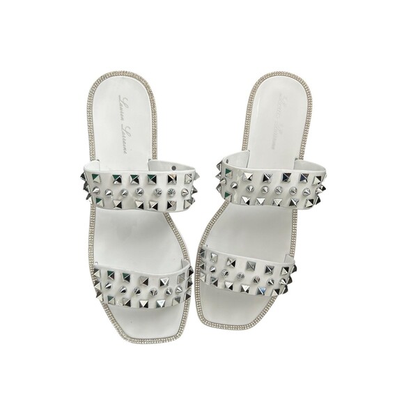 Lauren Larraine Studley White Flat Sandals 8.5 Studded Rhinestone Bling Jelly - Picture 1 of 9
